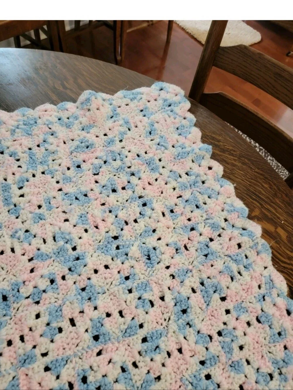 Handmade Pastel Crochet Baby Blanket - Blue White & Pink